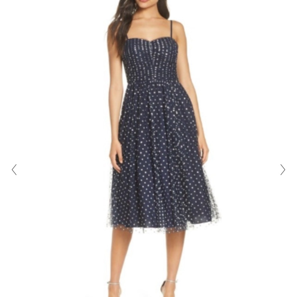 Nordstrom Eliza J Navy Silver Glitter Polka Dot Tulle Cocktail Retro Midi Dress